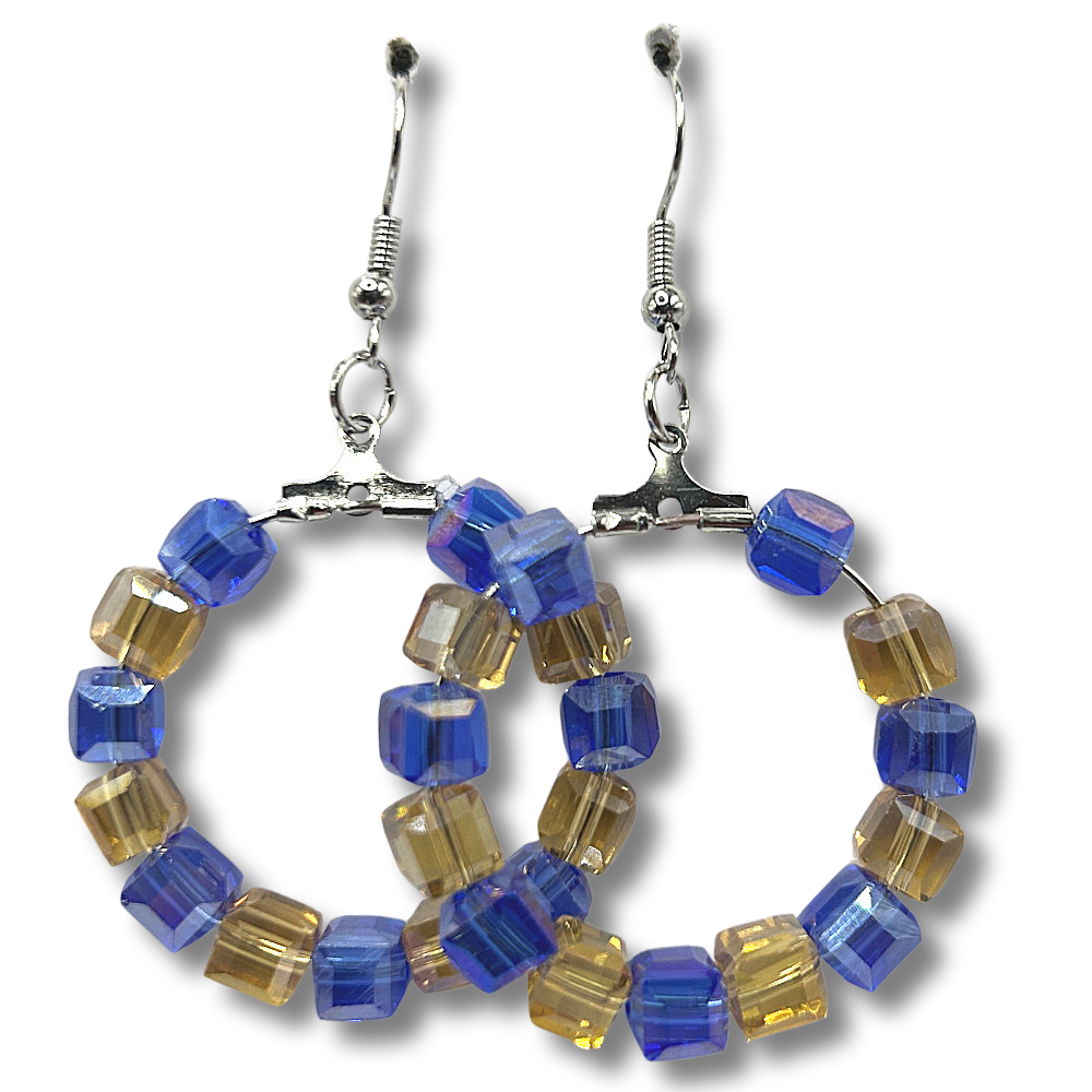 Medium Blue and Yellow Square Bead Loop Earrings