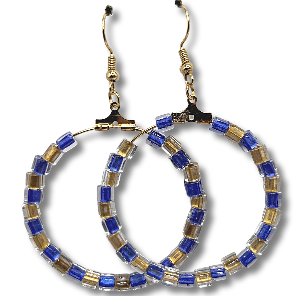 Large Loop Earrings with Blue and Gold Square Beads