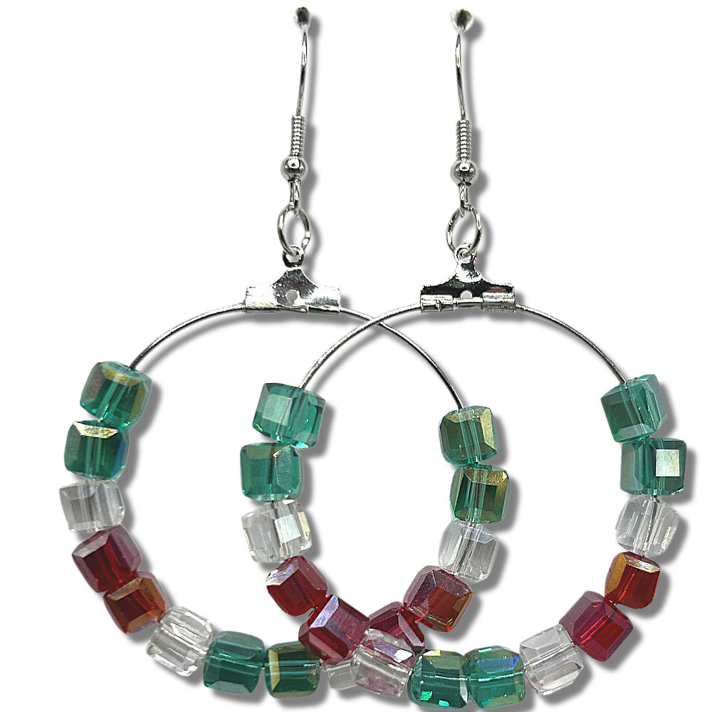 Christmas Large Loop Earrings with Red, Clear, and Green Glass Beads (Heavy)