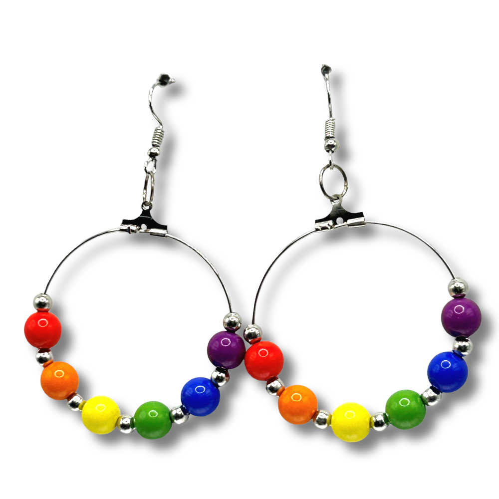 Large Loop Earrings with Plastic Rainbow Beads and Silver Accents