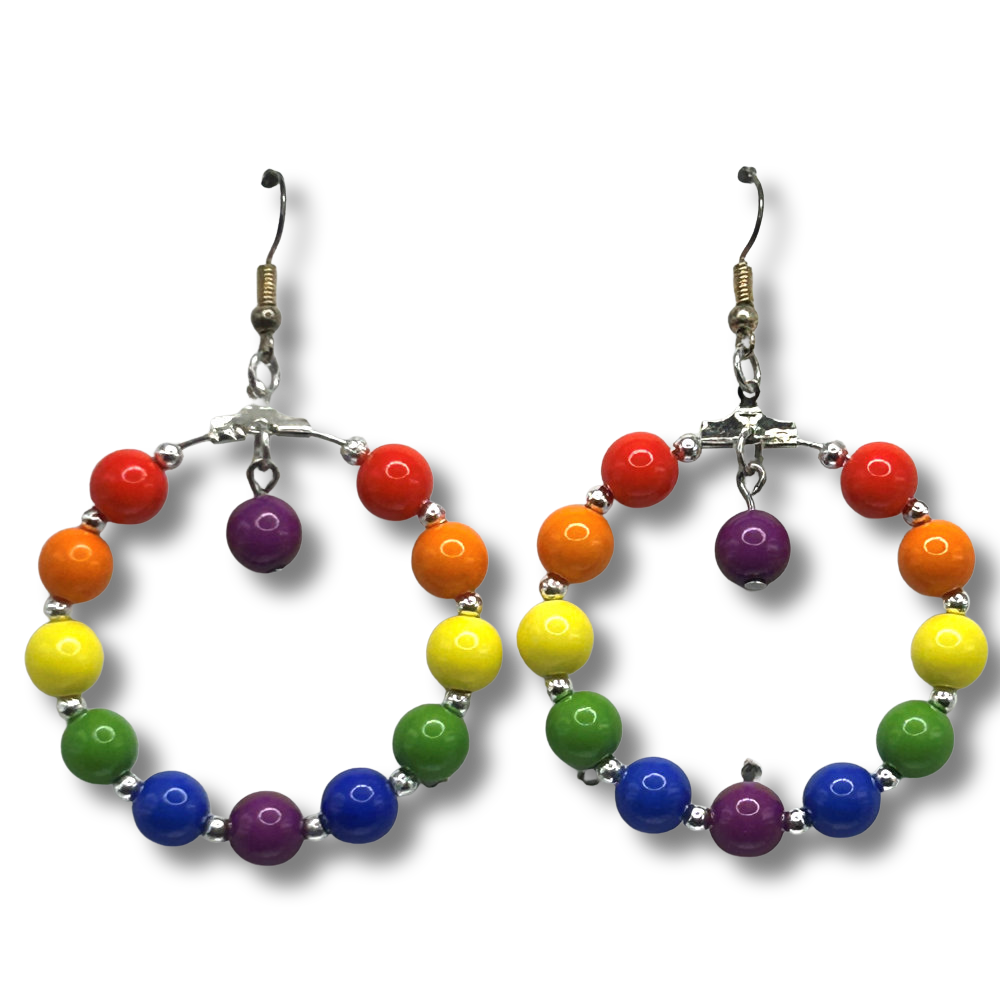 Large Loop Earrings with Plastic Rainbow Beads and Purple Dangle
