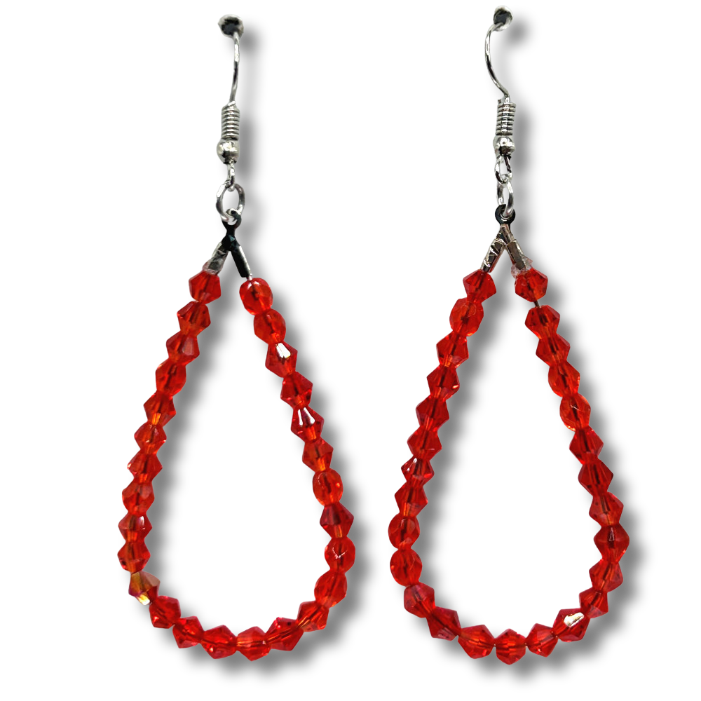 Clear Red Teardrop Loop Earrings