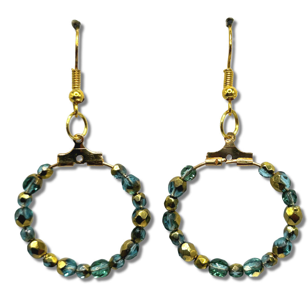 Blue and Gold Czech Glass Small Loop Earrings