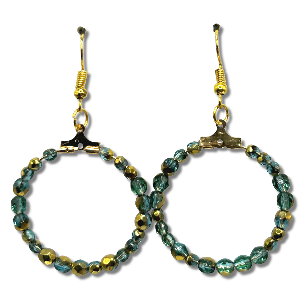 Green and Gold Czech Glass Medium Loop Earrings