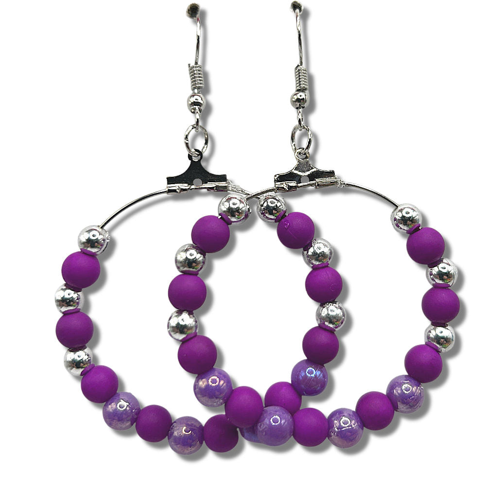 Purple Mixed Plastic Large Loop Earrings with Silver Accents
