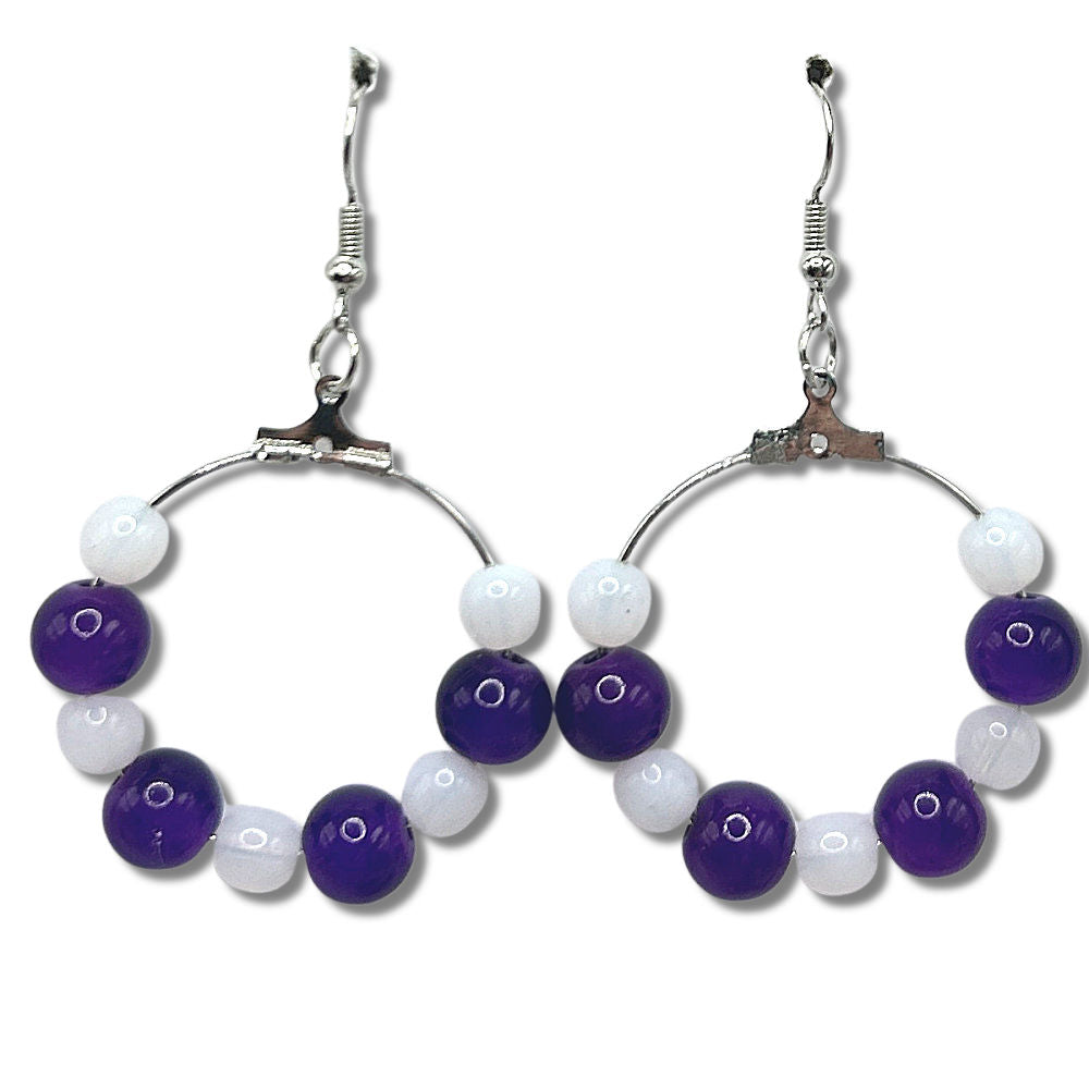 Medium Loop Earrings with White and Purple Beads