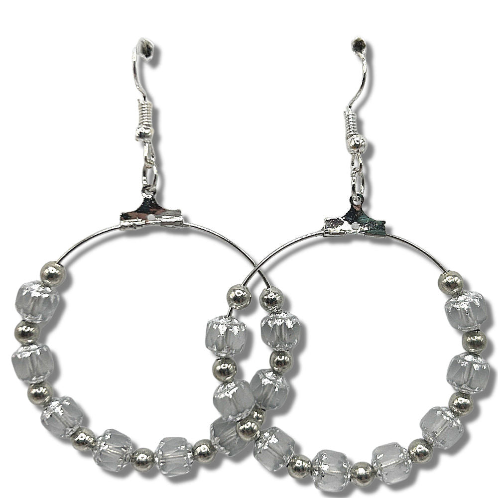 Large Loop Earrings with Clear Cathedral Beads and Silvery Accents