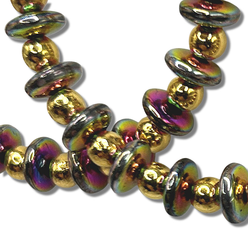 Large Loop Earrings with Multicolor Metallic Golden-Coated Beads