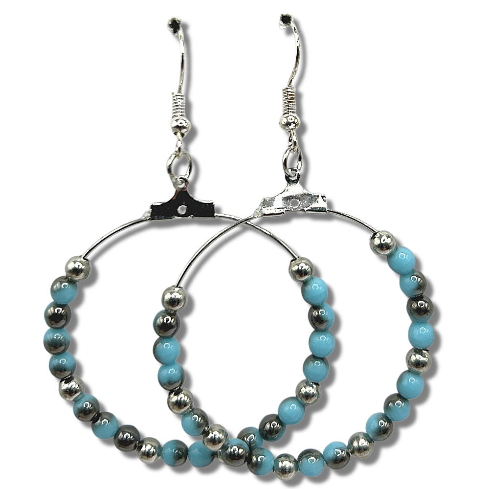Large Loop Earrings with Blue Half-Metallic Beads