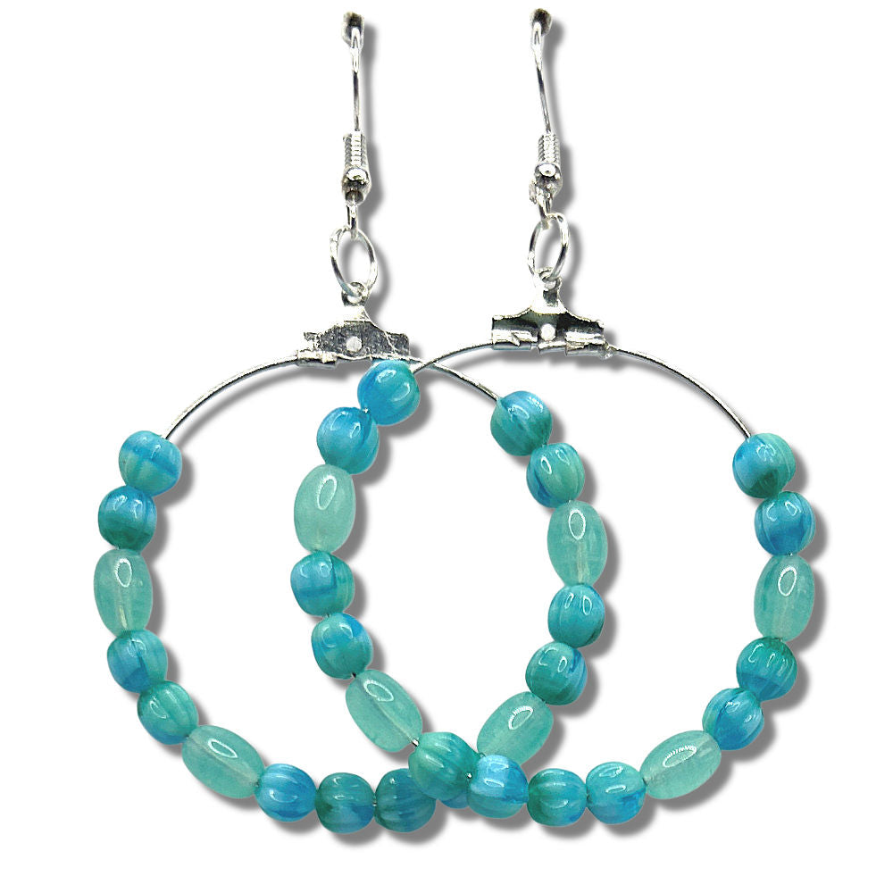 Large Loop Earrings with Mixed Shape Light Blue Beads