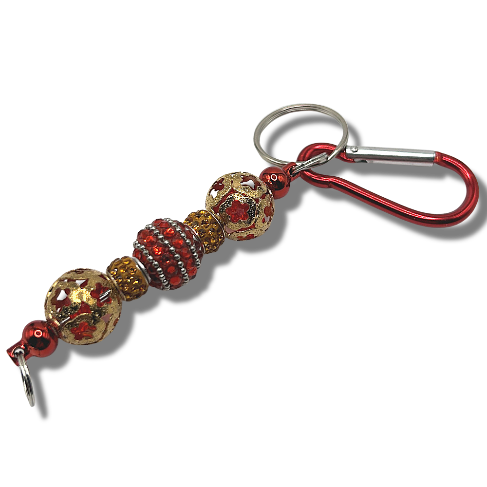 Keyring with Red and Gold Beads with Orange Accents