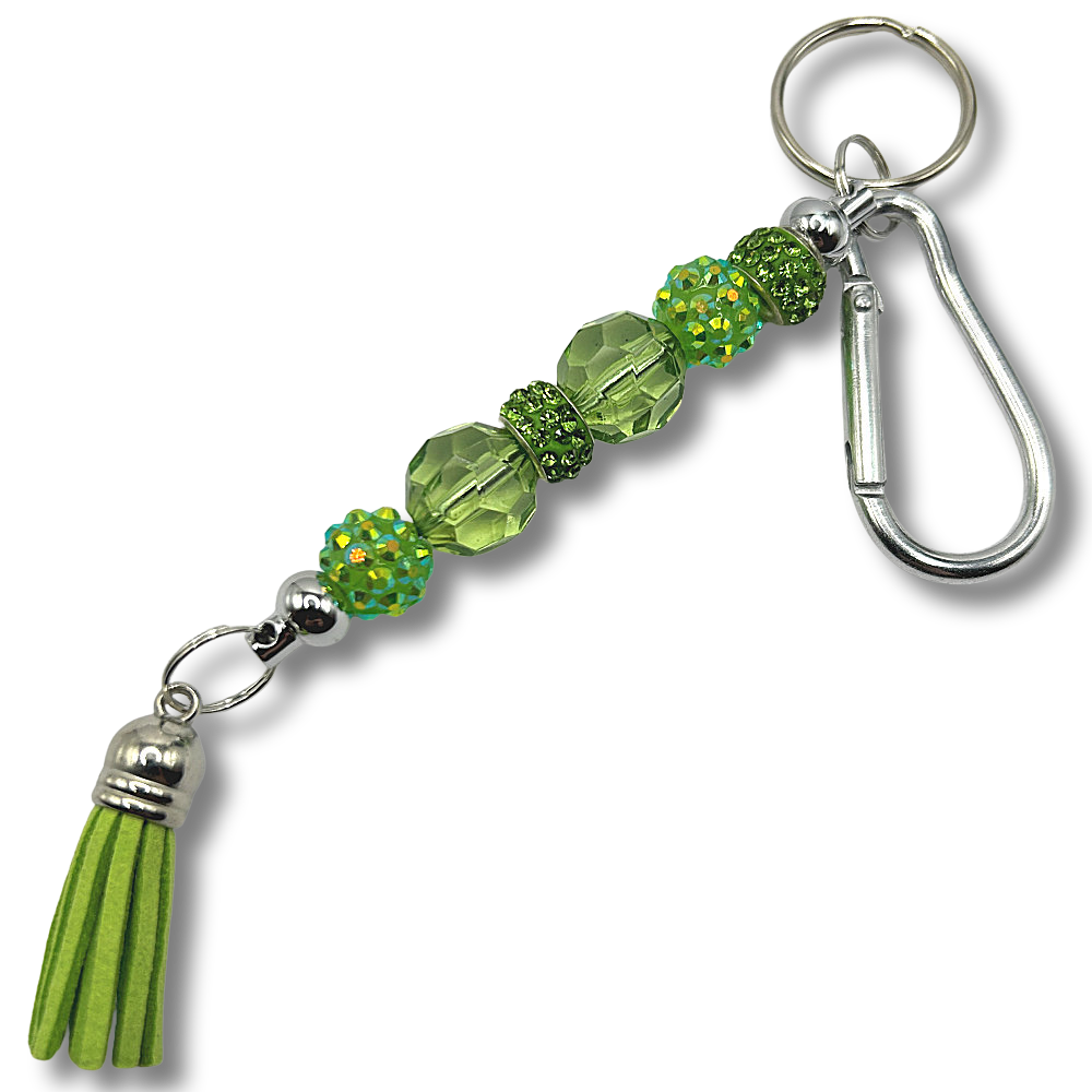 Keyring with Green Sparkles and Clear Glass Beads