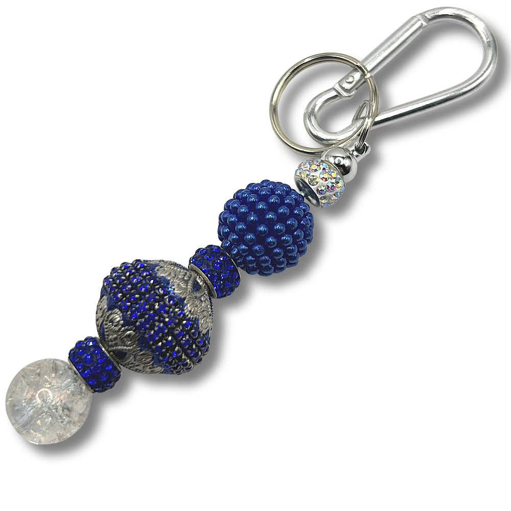 Keyring with Large Ornate Blue Bead, Rhinestones, and Clear Accents