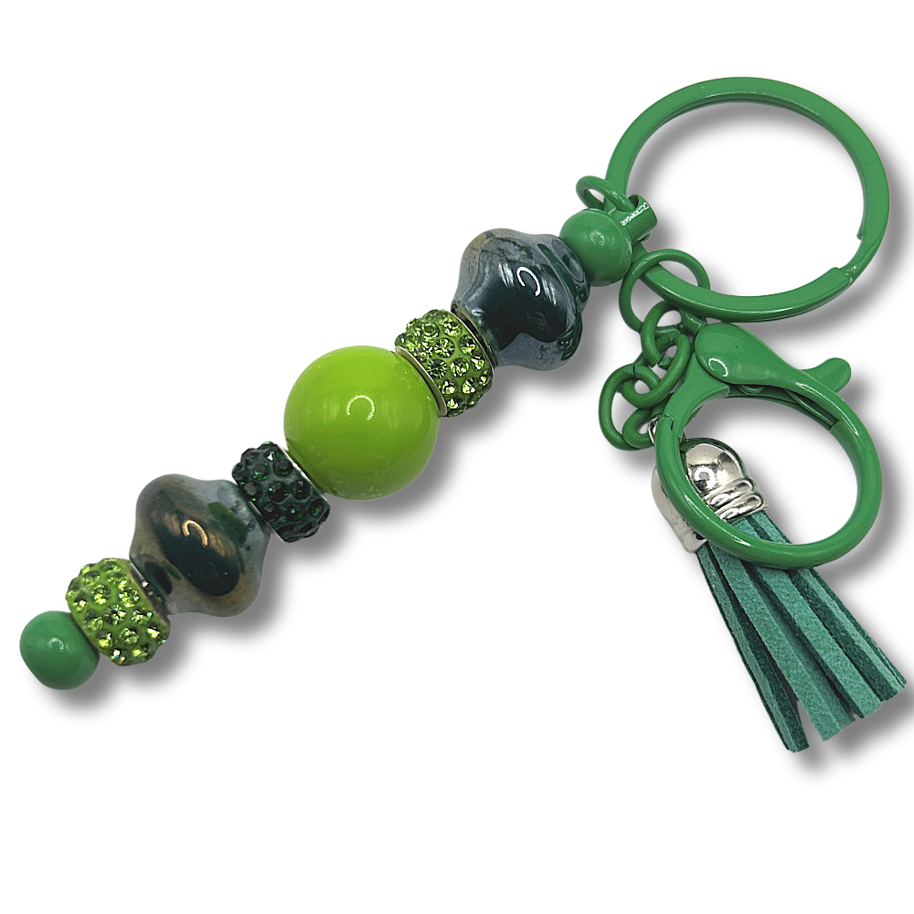 Keyring with Deep Green Ceramic Beads and Sparkles
