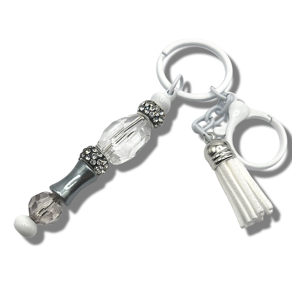 Keyring with Clear Bead, Gunmetal Colored Accents, and Rhinestones