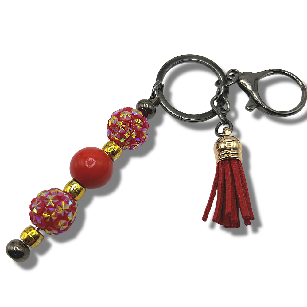 Keyring with Red Sparkles, Wood, and Golden Accents