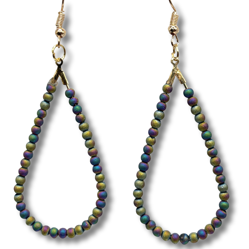 Teardrop Loop Earrings with Tiny Green Iris Beads