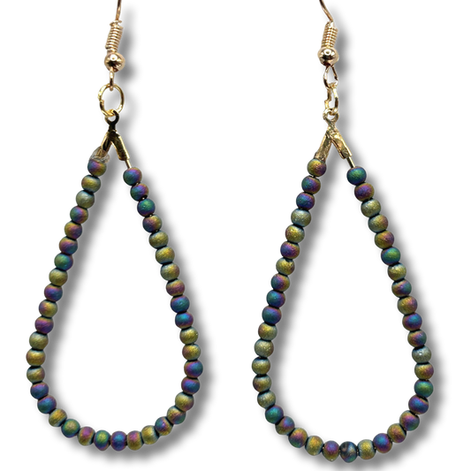 Teardrop Loop Earrings with Tiny Green Iris Beads
