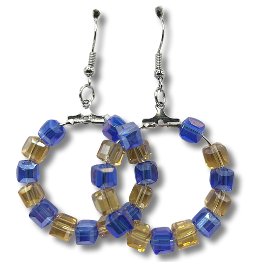 Medium Blue and Yellow Square Bead Loop Earrings