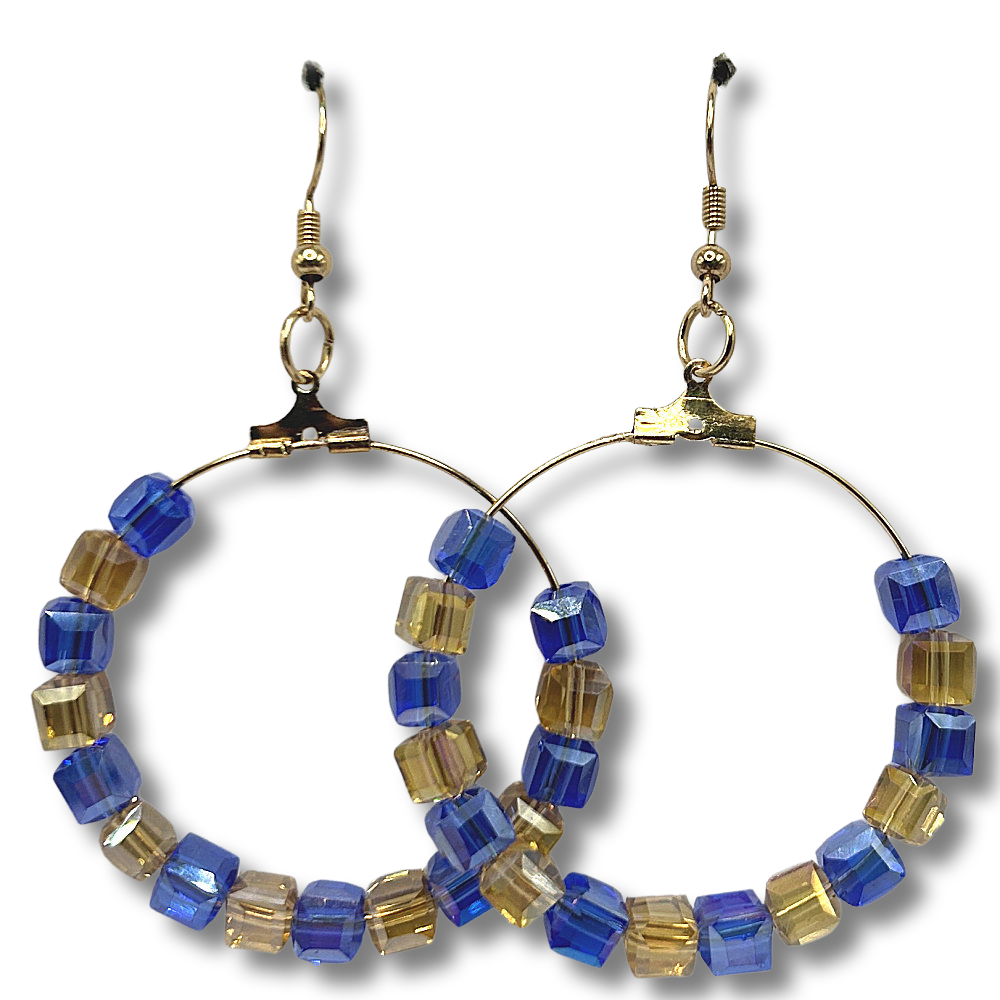 Large Blue and Yellow Square Bead Loop Earrings