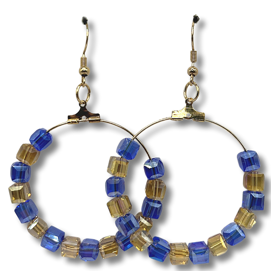Large Blue and Yellow Square Bead Loop Earrings