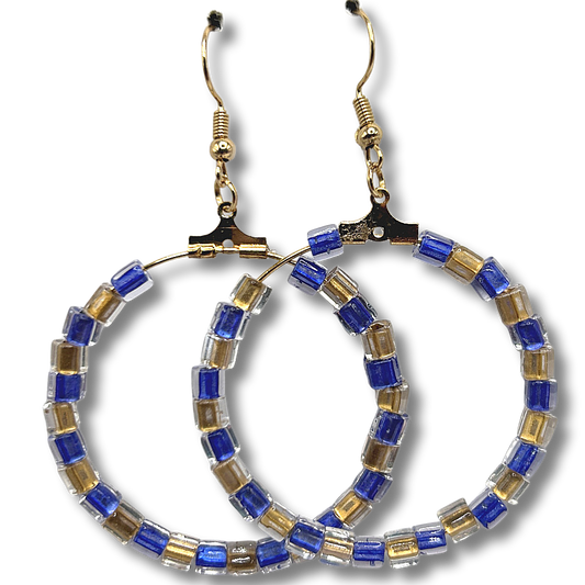 Large Loop Earrings with Blue and Gold Square Beads