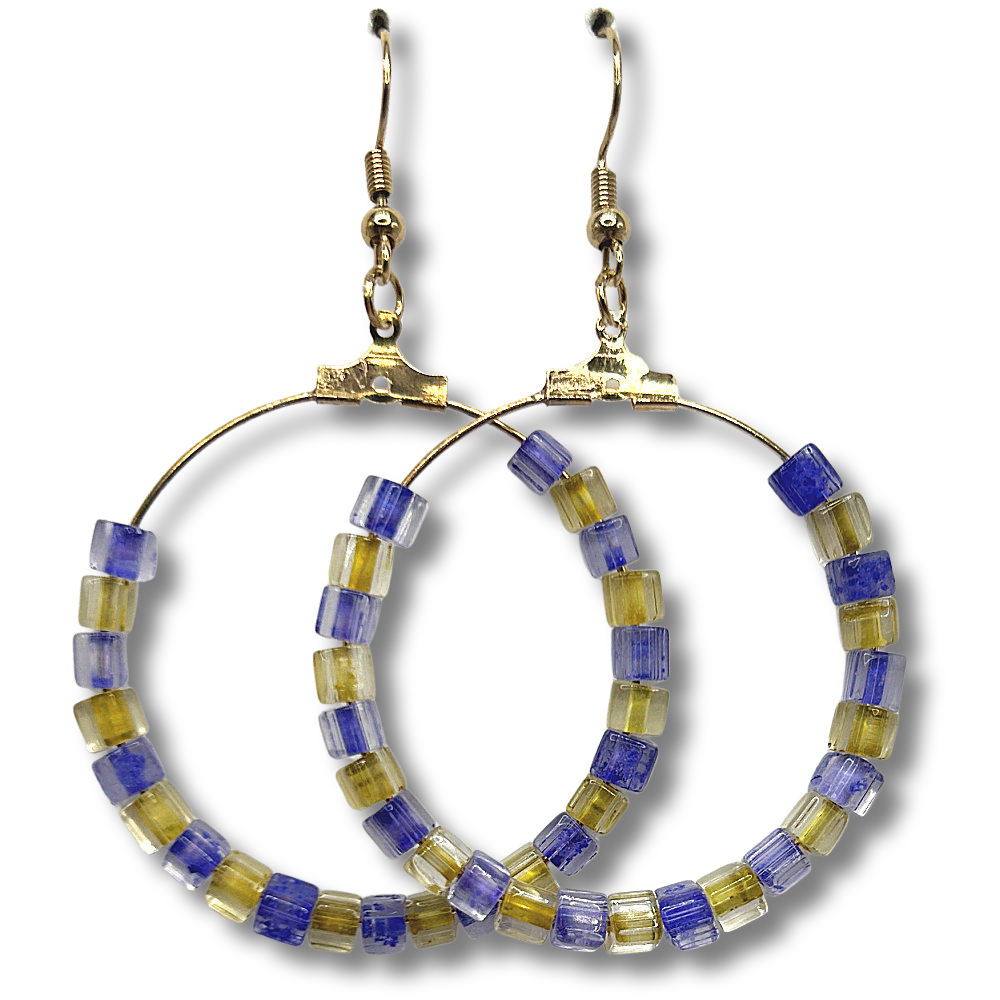 Large Loop Earrings with Matte Blue and Yellow Square Beads