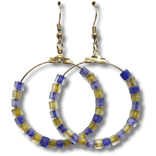 Large Loop Earrings with Matte Blue and Yellow Square Beads