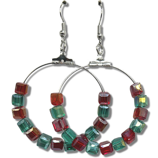 Christmas Large Loop Earrings with Red and Green Square Beads (Heavy)