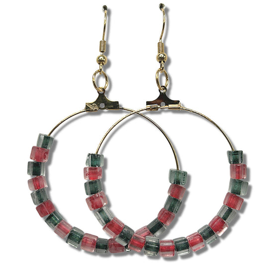 Christmas Large Loop Earrings with Matte Red and Green Beads
