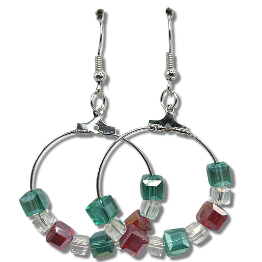 Christmas Medium Loop Earrings with Red, Clear, and Green Square Beads
