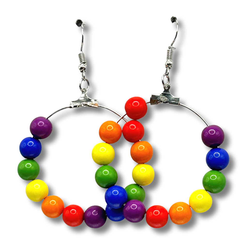 Large Loop Earrings with Double Plastic Rainbow Beads