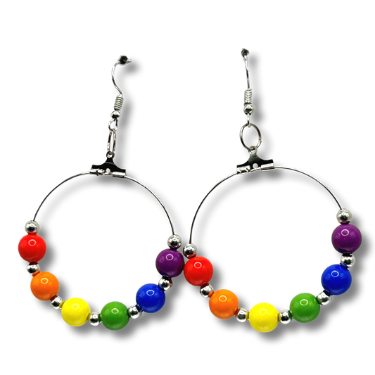 Large Loop Earrings with Plastic Rainbow Beads and Silver Accents