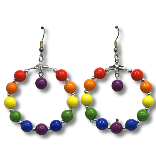 Large Loop Earrings with Plastic Rainbow Beads and Purple Dangle
