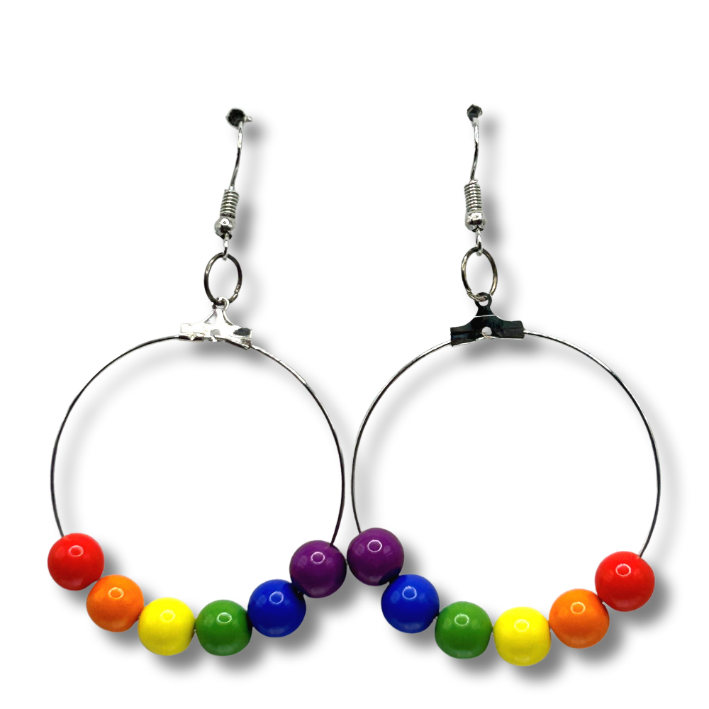 Simple Large Loop Earrings with Plastic Rainbow Beads