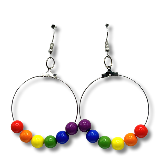 Simple Large Loop Earrings with Plastic Rainbow Beads
