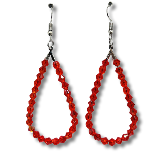 Clear Red Teardrop Loop Earrings