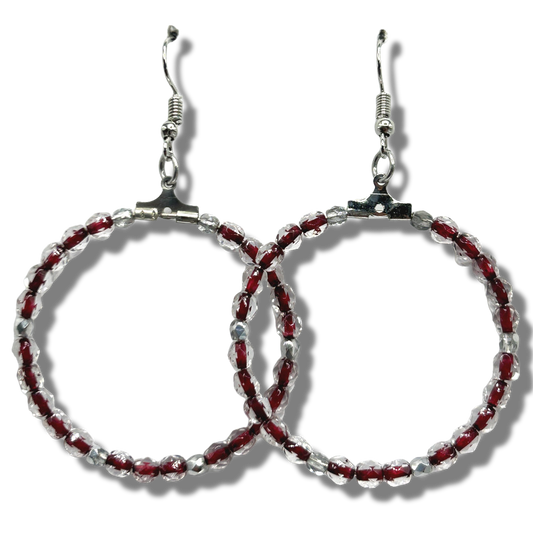 Clear and Cranberry Red Large Loop Earrings