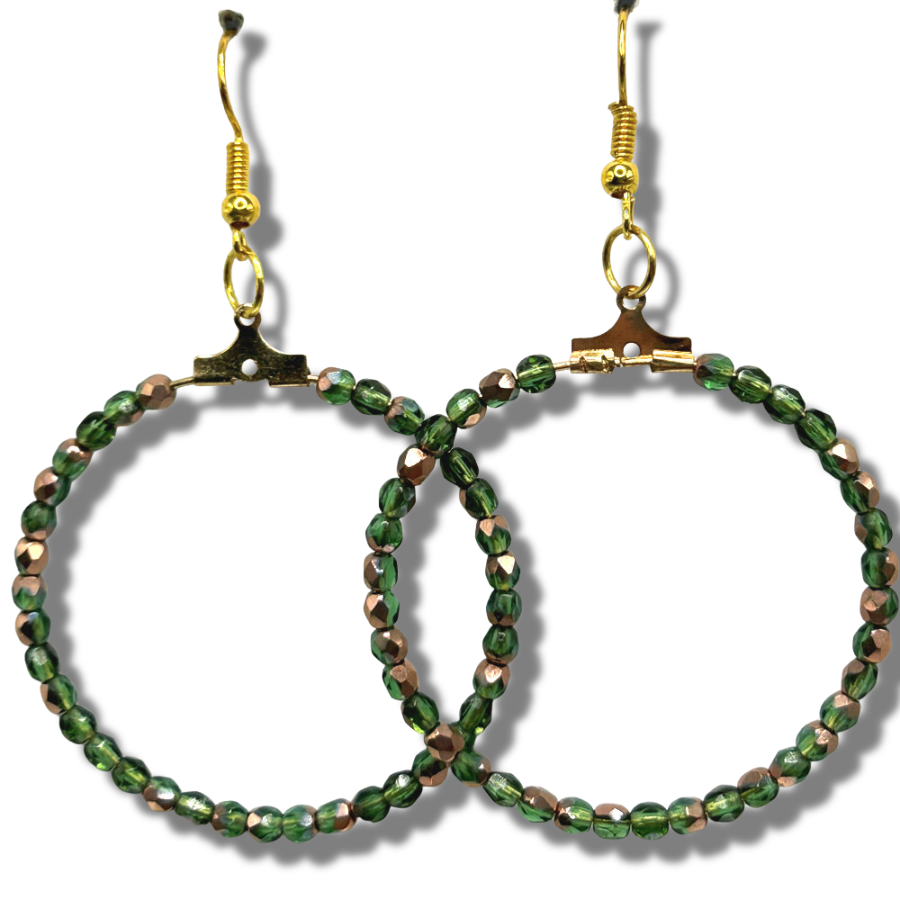 Large Loop Earrings with Green/Half-Gold Czech Glass Beads