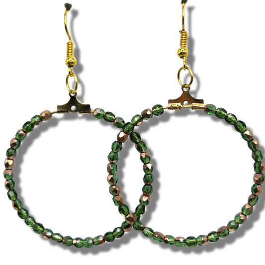 Large Loop Earrings with Green/Half-Gold Czech Glass Beads
