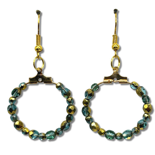 Blue and Gold Czech Glass Small Loop Earrings