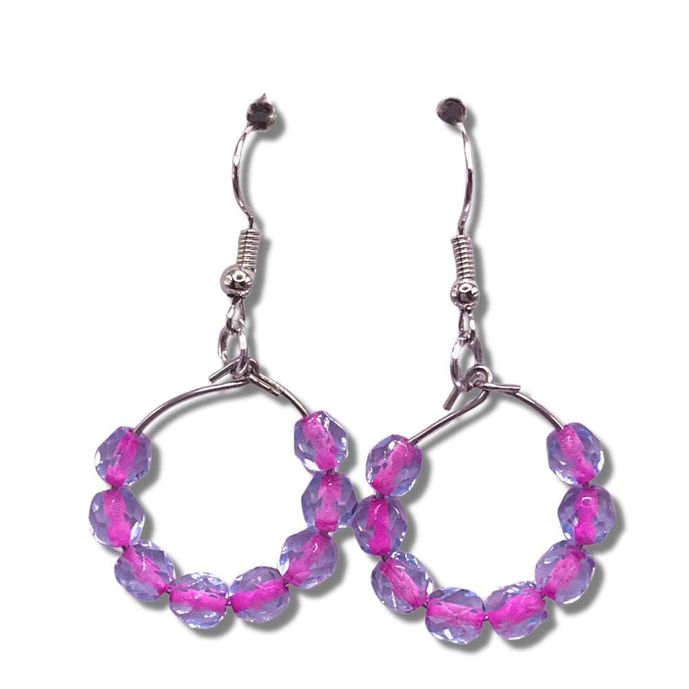Tiny Loop Earrings with Pink-Lined Lilac Beads