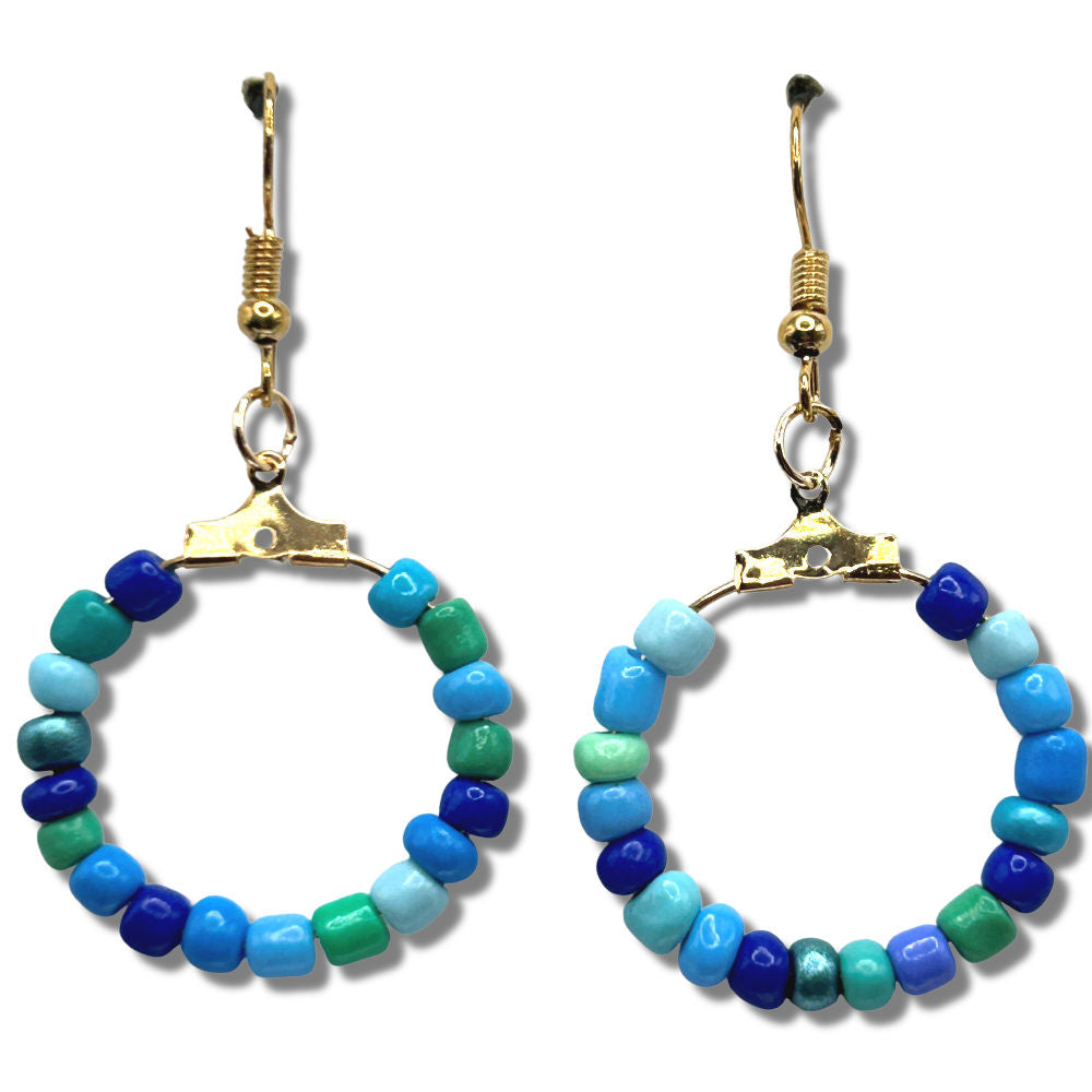 Small Loop Earrings with Blue and Green Seed Beads