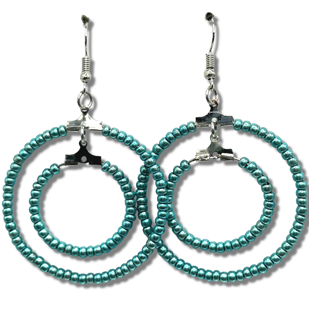 Double Loop Earrings with Tiny Blue Faux Pearls