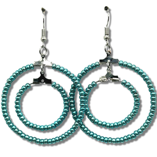 Double Loop Earrings with Tiny Blue Faux Pearls