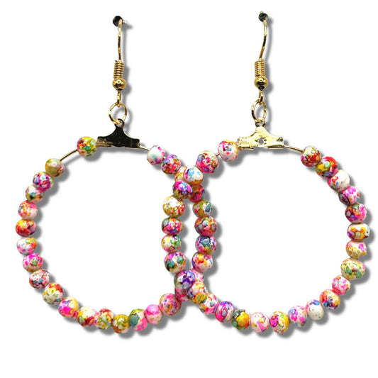 Large Loop Earrings with Multicolor Splatter Beads