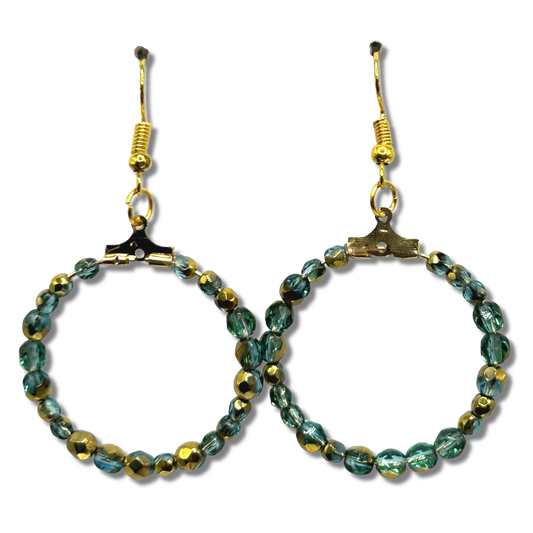 Green and Gold Czech Glass Medium Loop Earrings