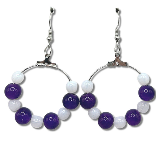 Medium Loop Earrings with White and Purple Beads