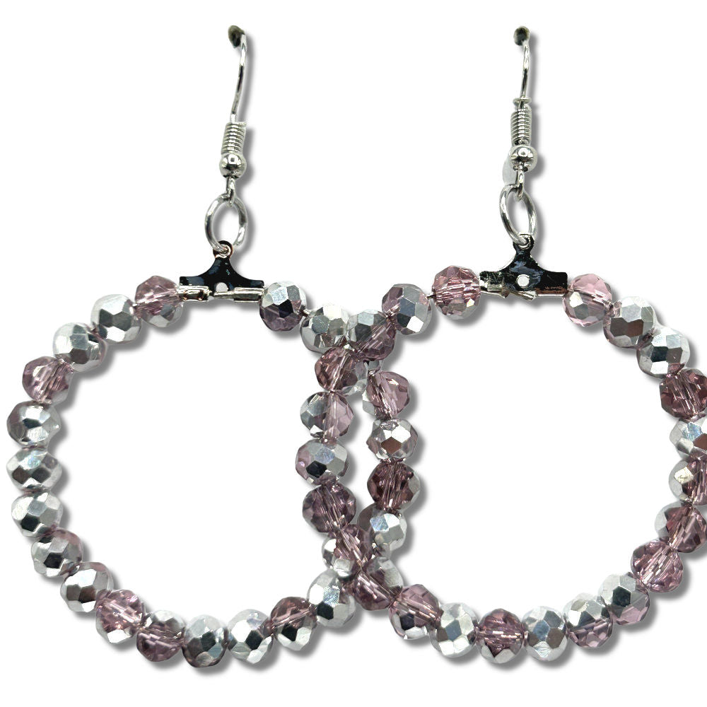 Large Loop Earrings with Pink Beads and Half-Silver Coating (Heavy)