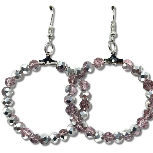 Large Loop Earrings with Pink Beads and Half-Silver Coating (Heavy)